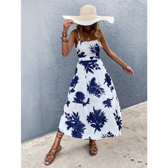 White Dress Blue Floral Print Midi Cut Out Back - Picture 2 of 10